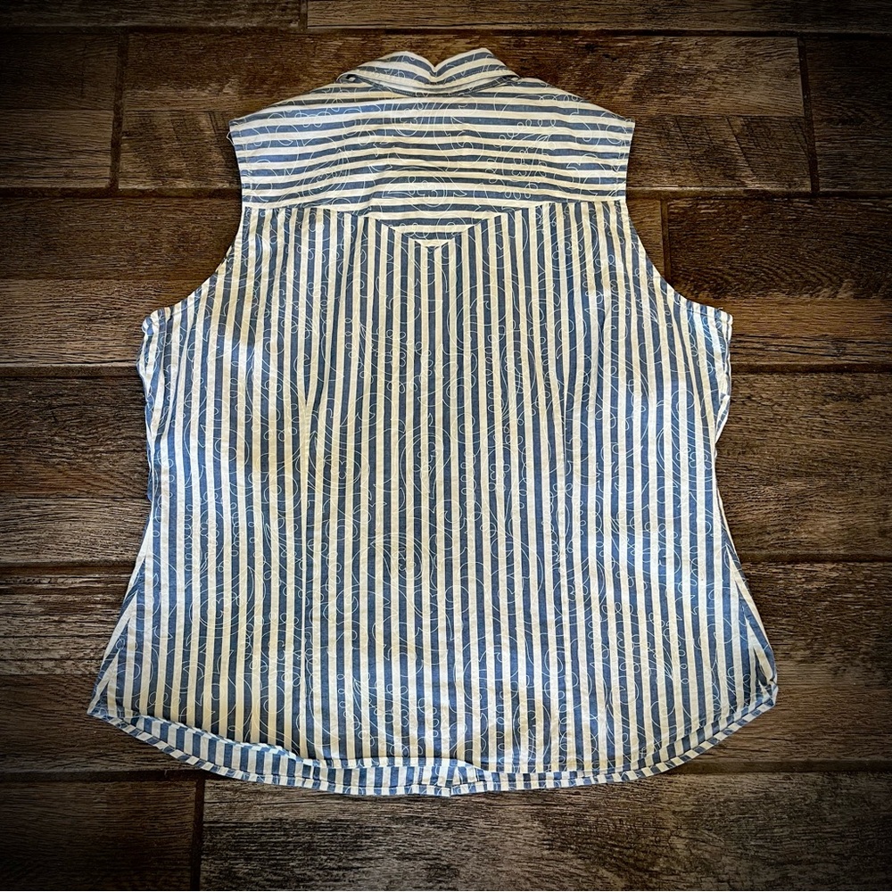 Roper Blue and White Western Striped Sleeveless snap front shirt L - Picture 2 of 6